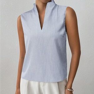 Striped Sleeveless Blue and White striped Top sleeveless v neck mock neck